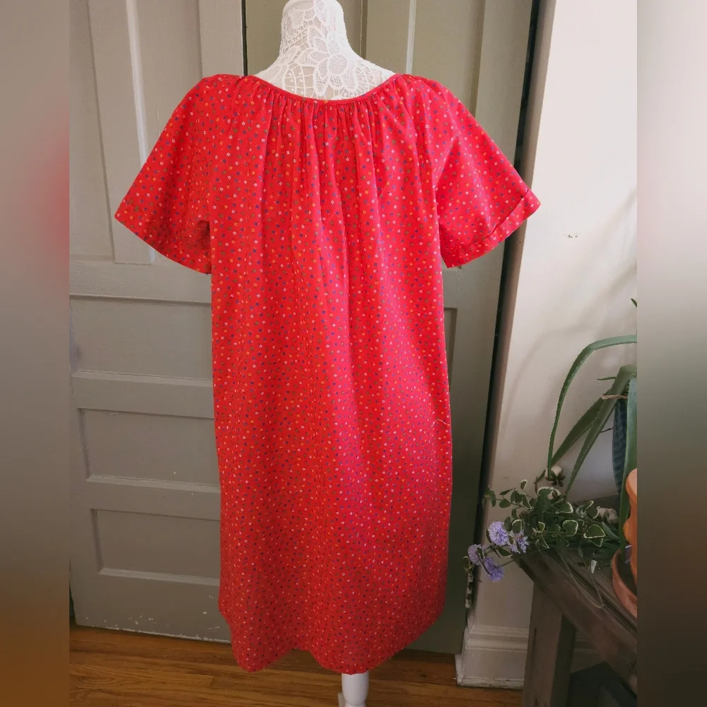 Vintage 80s Red Floral Snap Smock Craft House Dress Apron Womens Large - Picture 4 of 14